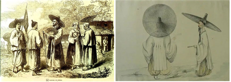▲'Natives of Korea', 'The Illustrated London News' 1863. 1. 7. 저고리 위에 도포를 입지 않은 사람이 갓을 쓰고 있다.(좌) 19c, 'Habitant de Corée', Orléans, Musée des Beaux-arts 소장. 챙의 넓이가 굉장히 넓은 갓을 썼다.(우)