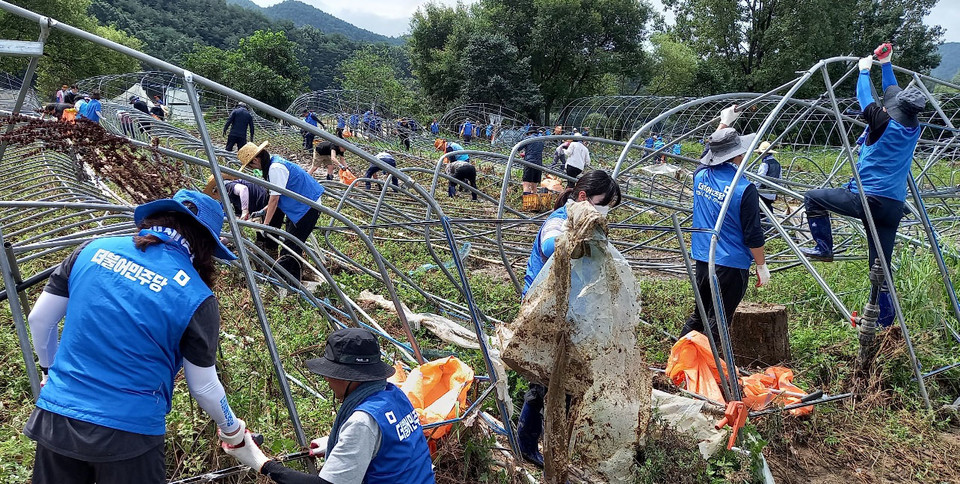 ▲더불어민주당 경북도당과 경기도당이 합동으로 예천군 용궁면 회룡포 침수지역을 찾아 대대적인 피해농가 지원에 나섰다.(사진 더불어민주당 경북도당 제공)