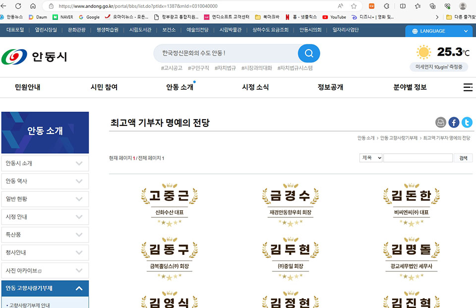 ▲안동시 고향사랑기부제 온라인 명예의 전당 화면 캡처.(사진 권기상 기자)