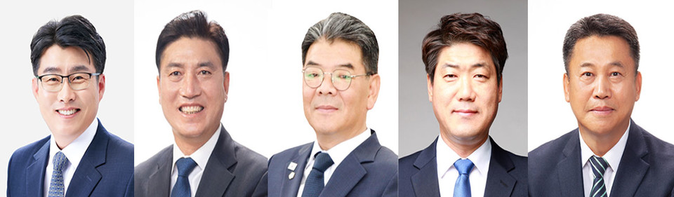 ▲더불어민주당 경북도당위원장 선거에 출마한 (좌에서)기호1번 이영수, 기호2번 김위한, 기호3번 양재영, 기호4번 이정훈, 기호5번 정용채 후보.(사진 민주당 경북도당 제공)